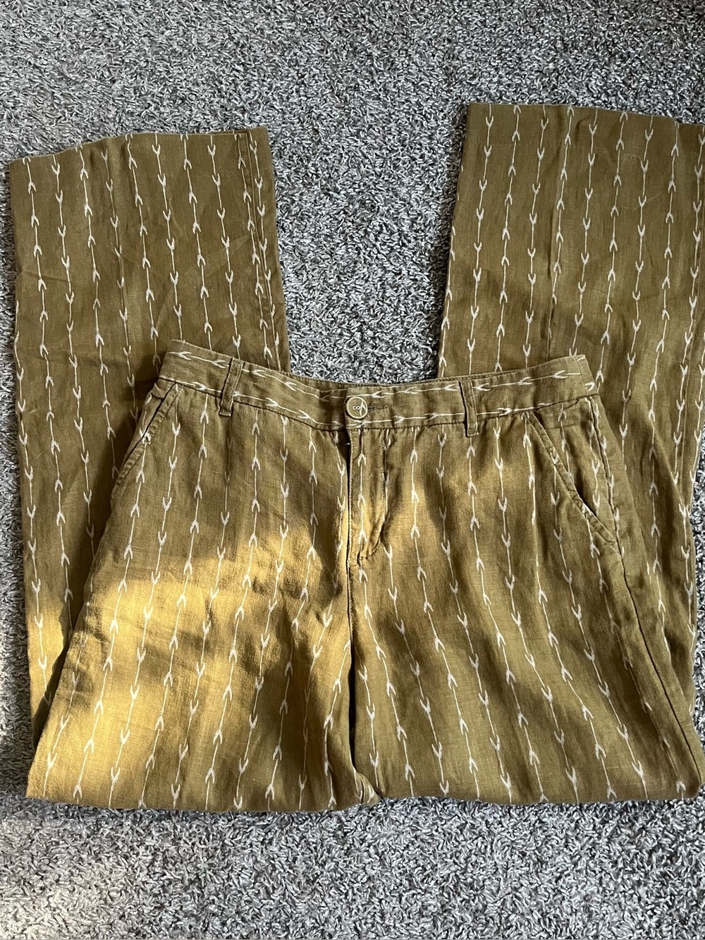 Garnet Hill Olive Green Linen Pants Wide Leg Size 6 Artisanal Boho Chic Ikat